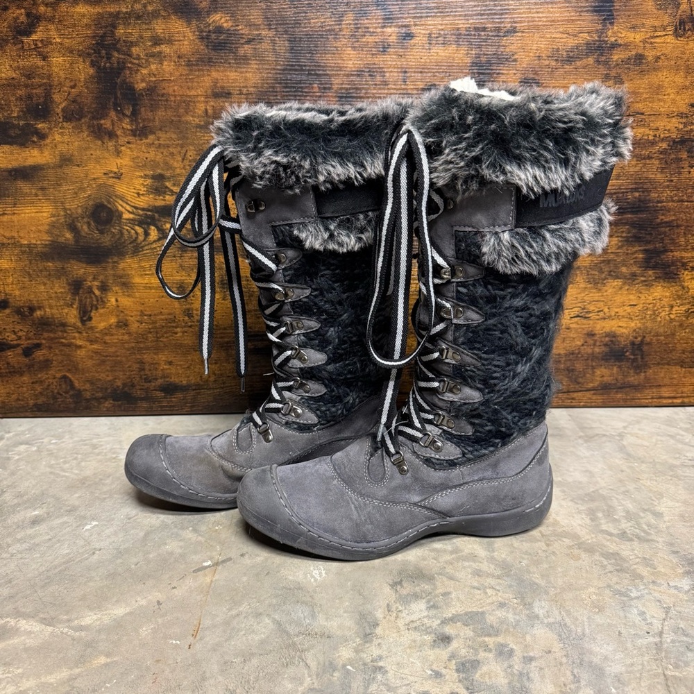 Muk Luks Gwen tall gray lace up snow boots women’s 9 faux fur quick lace winter